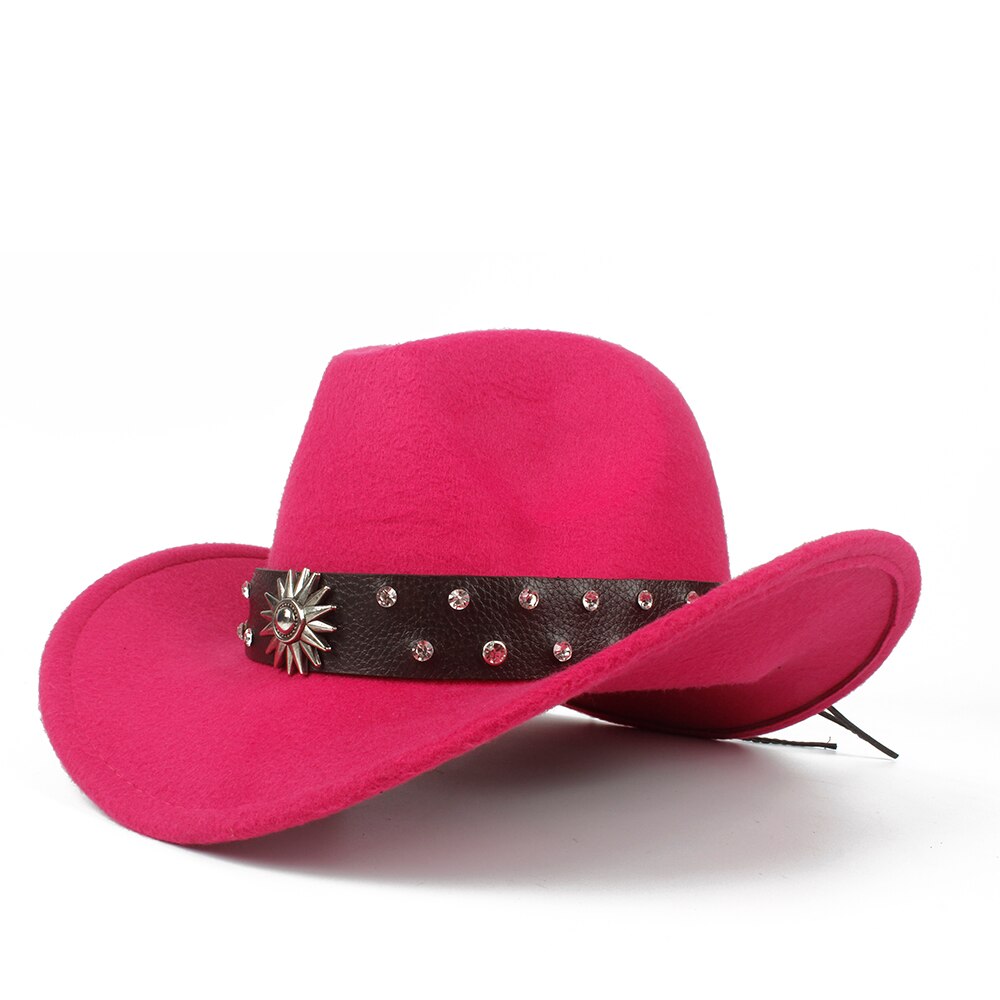 Retro Child Kids Wool Hollow Western Cowboy Hat Roll-up Brim boy girl Outblack Sombrero Hombre Felt Cap Size 52-54: Rose red