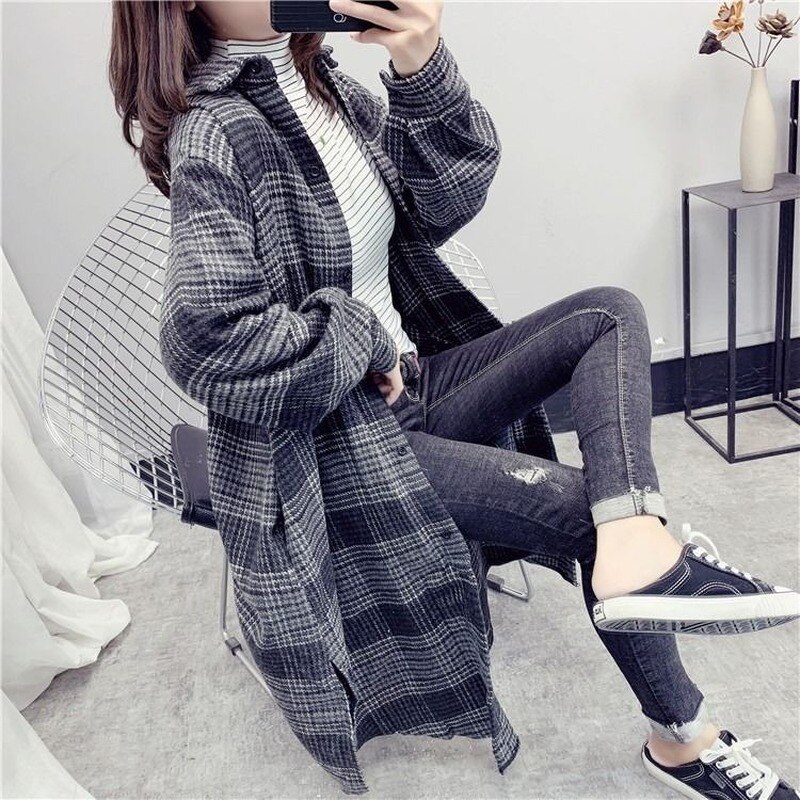 Trenchcoat kvinder efterår turn-down krave plus størrelse 3xl løs plaid chic kausal daglig streetwear lange frakker dame bf
