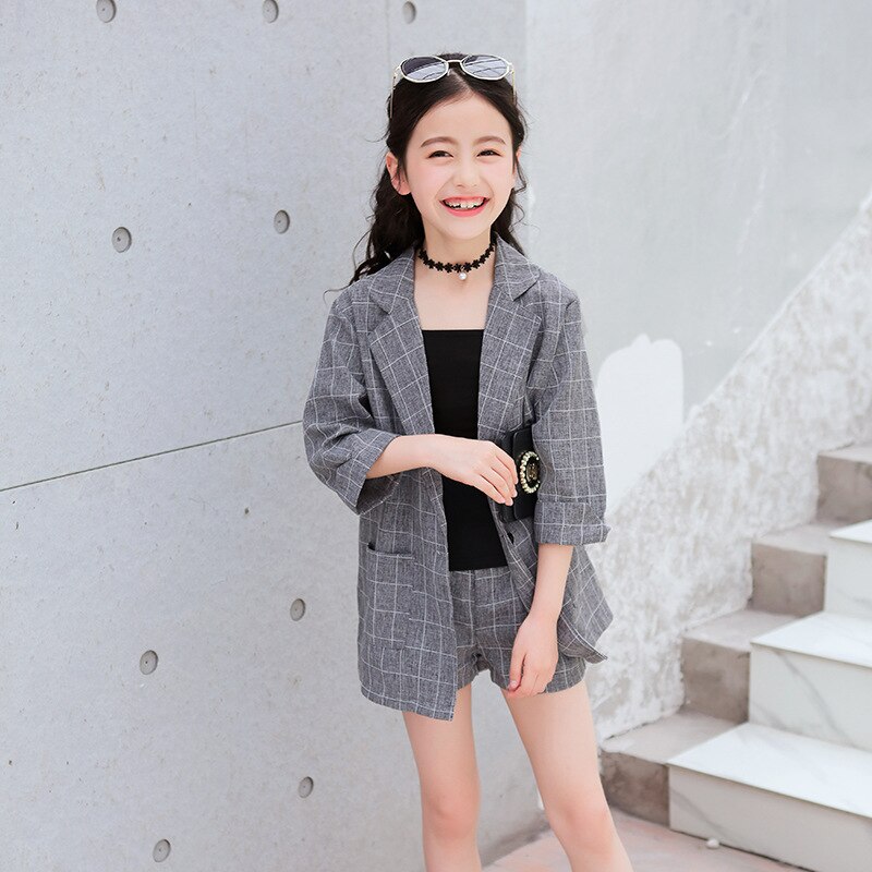 3Pcs Meisjes Pakken Kids Blazer Jacket + Vest + Shorts Outfits Kinderen Smoking Pak Voor Meisjes Blazer Wedding Party roze Grijs Kleur