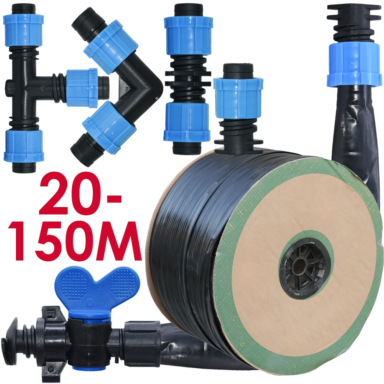 Ruban d'égouttement d'irrigation pour serre et jardin, 20-150m, 16mm, 8mil, 0.2mm, épaisseur 20cm, espacement de l'émetteur et du goutteur, 5/8 en effet, connecteur de tuyau
