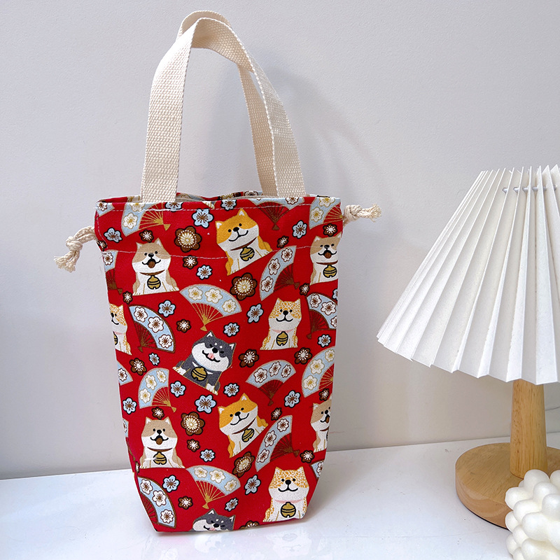 Draagbare Canvas Isolator Hoes Tas Thermoszak Cartoon Foto 'S Sluiting Trekkoord Opbergtas Vacuüm Cup Set: Licht Groen