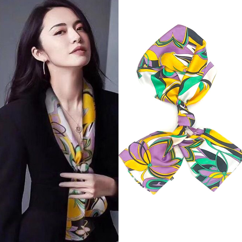Neue schmale Damen-Seidenschals, Pufferband, Haarschmuck, Krawattenbeutel, 145 x 13 cm, Halstuch, bedruckt, Simulation langer Seidenschal: Lavendel