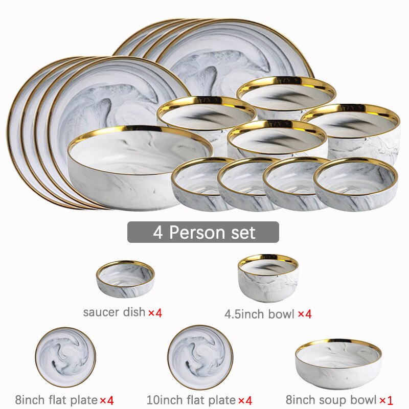 Dinner Plates Set Dishes Marble Steak Food Plate Salad Soup Bowl Dessert Cake Plate Dinnerware Set for Restaurant