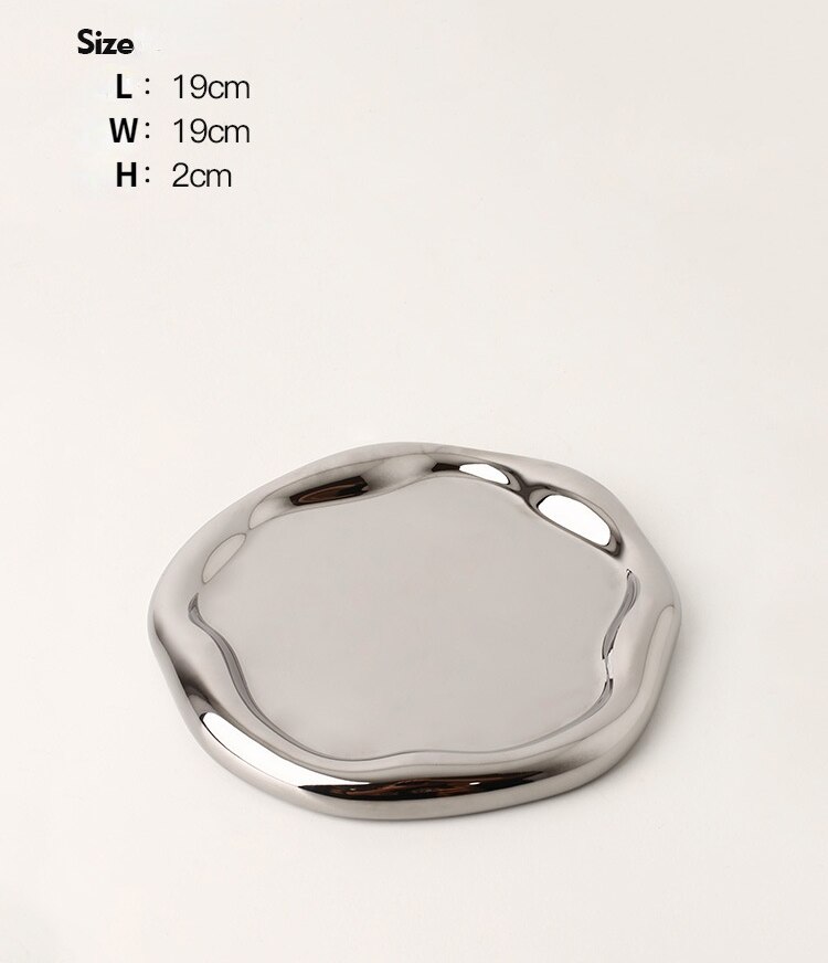 Bandeja plateada de cerámica para decoración de escritorio, bandeja de almacenamiento de puntos de tinta de arte , plato de salsa, plato de decoración de cocina y sala de estar: Circular