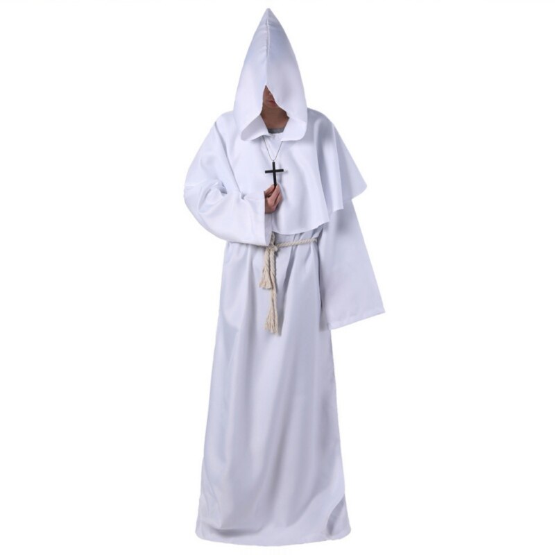 Halloween Monk Hooded Robes Cloak Cape Friar Medieval Renaissance Priest Men Robe Clothes Comic Con Party Cosplay Costume: White / XL