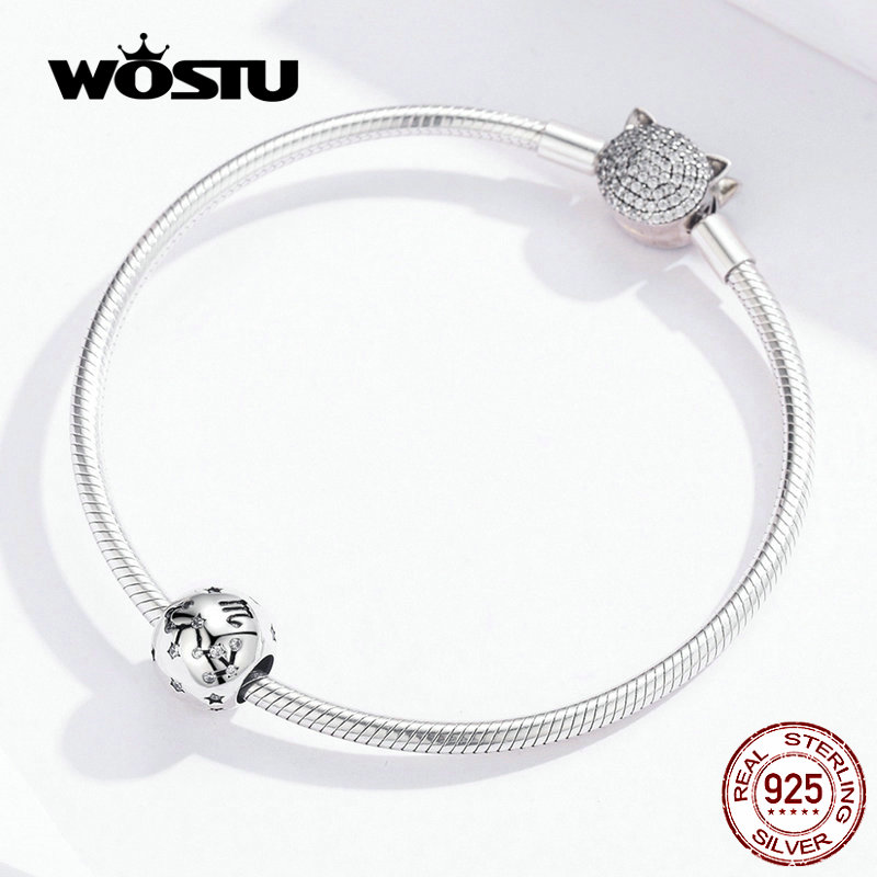 WOSTU 12 Constellation Aries Beads 925 Sterling Silver CZ Charm Fit Original DIY Bracelet Beads For Jewelry Making CQC1218