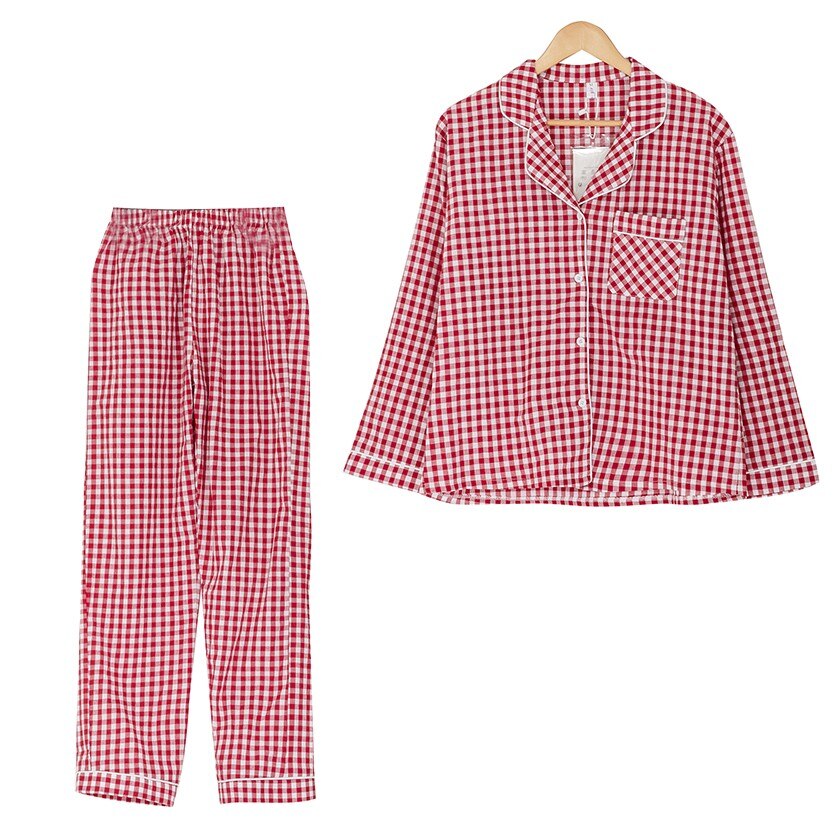 Kvinner pyjamas dress rutete gul rød svart 2 stk sett langermet topp + bukser elastisk midje kant pyjamas  s7 n 102: Rød rutete / Xl