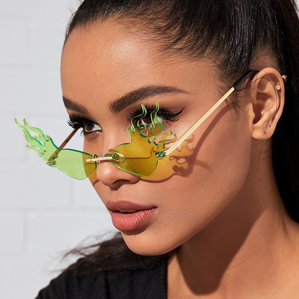 Gafas de sol con estilo de llamas de fuego para mujer, anteojos de sol femeninos de , con forma onduladas, sin marco, metálico clásico, lentes ópticas de espejo, con UV400