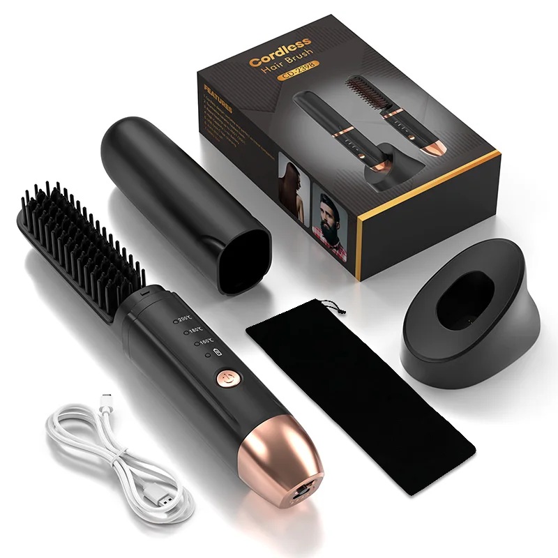 Kabelloser tragbarer Bartglätter, USB wiederaufladbar, negative Ionen, Mini-Akku-Haarglätter, Bürste für Reisen: Default Title