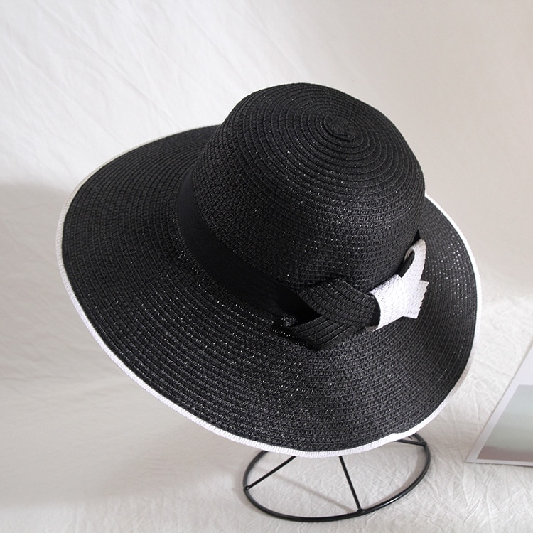 Bowknot sort hvid strå solhat dame sommer strand solskærms hatte oversize bred skygge hatte til kvinder: Stil 1 sort