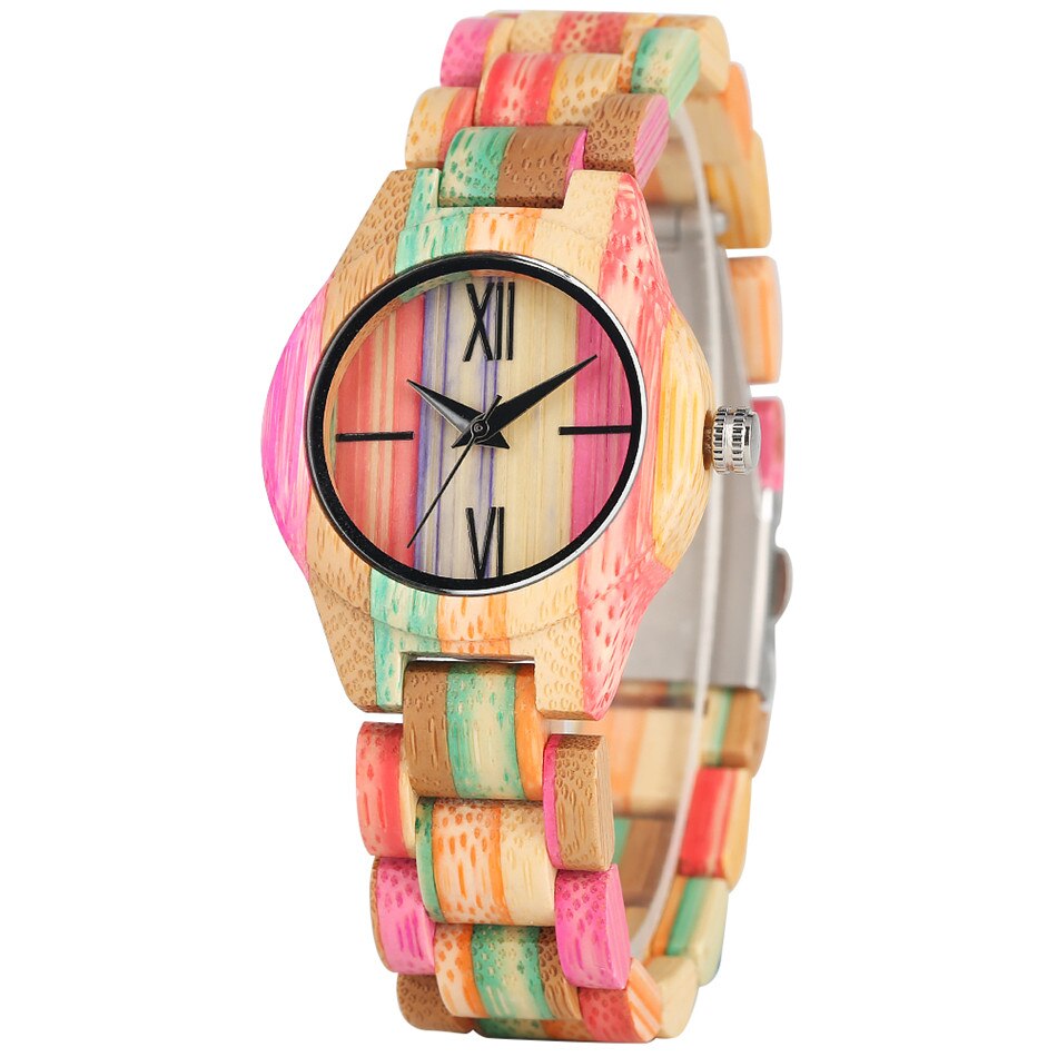 Reloj de madera de bambú multicolor para mujer, cuarzo, pulsera de madera completa para mujer, cierre plegable, reloj de madera para mujer