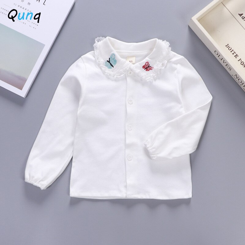 Qunq bebê meninas camisas de manga longa borboleta bordado primavera outono topos roupas único breasted cor sólida recém-nascidos camisas