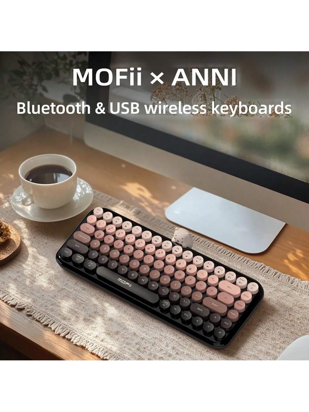 Teclado inalámbrico Bluetooth + USB, 84 teclas, teclas redondas Retro, teclado inalámbrico de oso bonito para Windows/Android/iOS-Black Pi