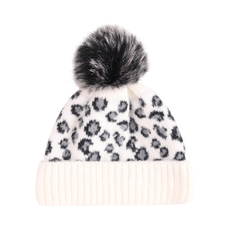 Women’s Winter Knit Hat Cap Adults Winter Warm Classic Leopard Print Beanie Cap with Big Faux Fur Pom Ladies Knitted Bomber Hats: B