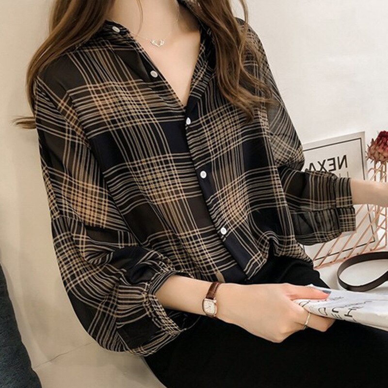 Printemps/été femmes chic lâche grosse sœur chemise à carreaux