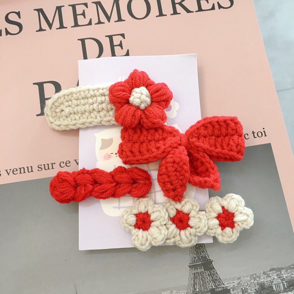 Otoño Invierno 4 unids/set Adorable de lana de punto Bowknot flor pelo Clip horquilla para las mujeres Accesorios: 6