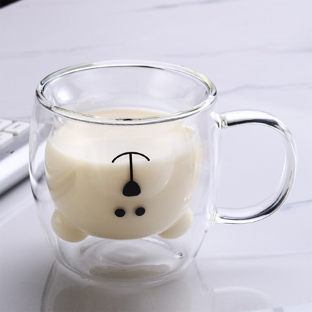Omvendt bjørn ansigt glas dobbelt glas panda hund dyr dobbelt glas kaffe kop jule kop fødselsdag sød mælk te kop: Gennemsigtig