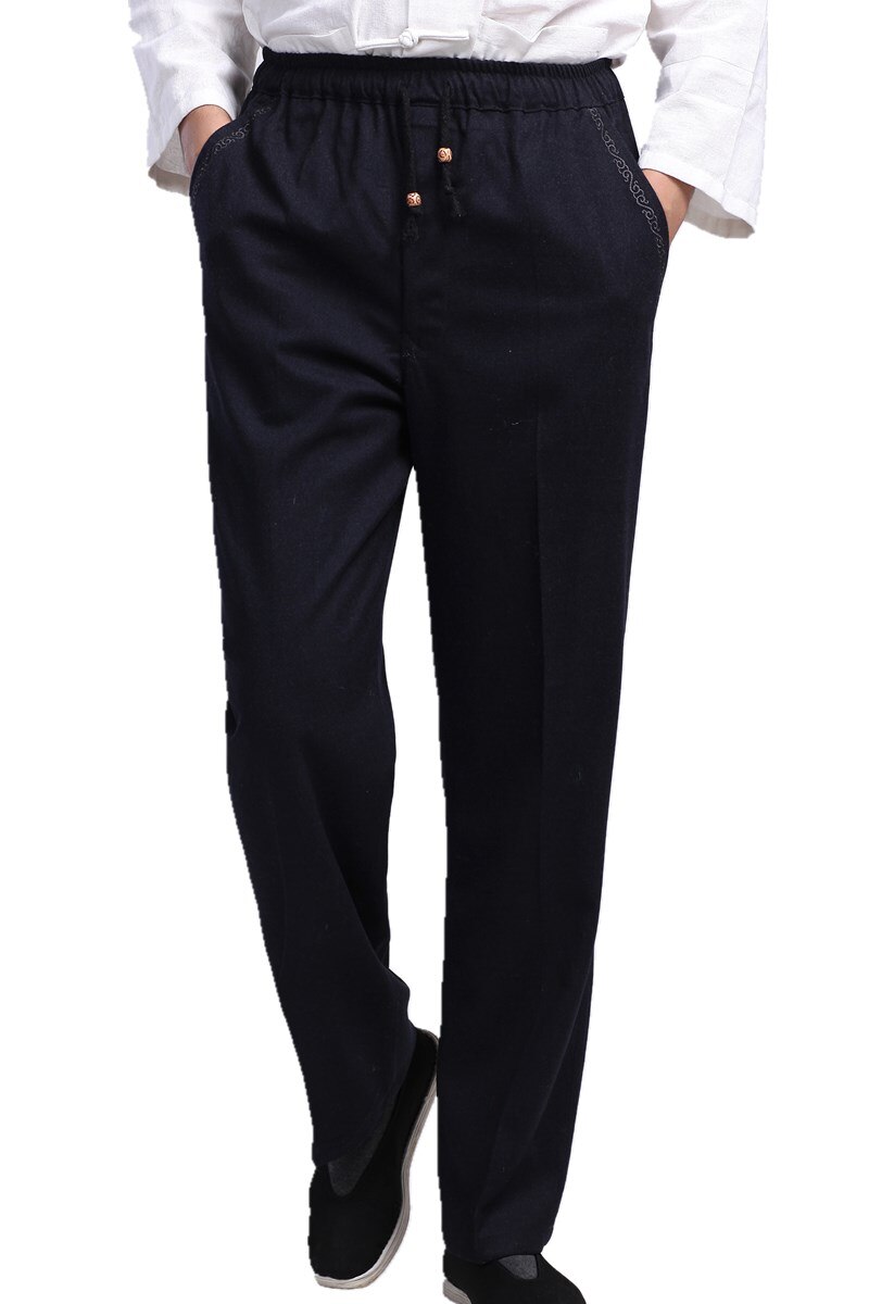 Chinese Traditional Trousers Men Men's Woolen Men Pants: Dark Blue / M