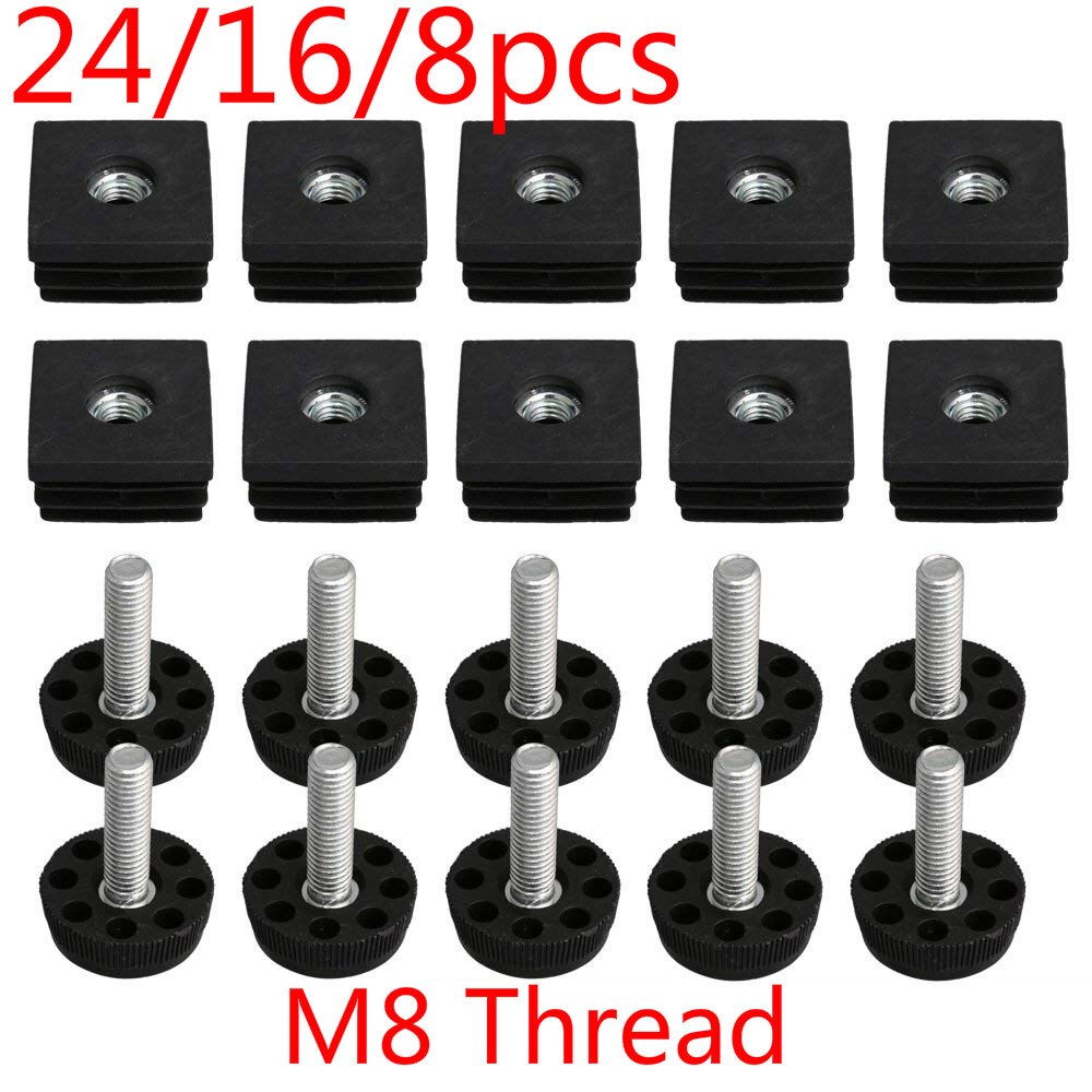 24/16/8pcs M8 Thread Black Plastic Furniture Legs Plugs Set Blanking End Caps Insert Plugs Adjust Thread Feet Square Pipes Set