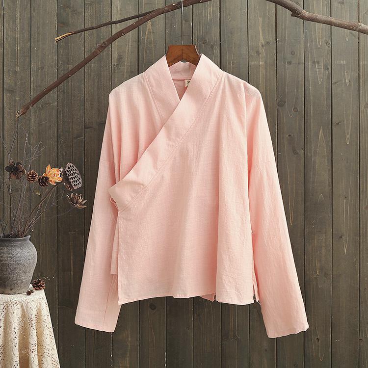 Nagodo tradisjonell kinesisk skjorte bomull kinesisk stil lin topp retro folkete klær zen bluser hvit grønn beige: Rosa