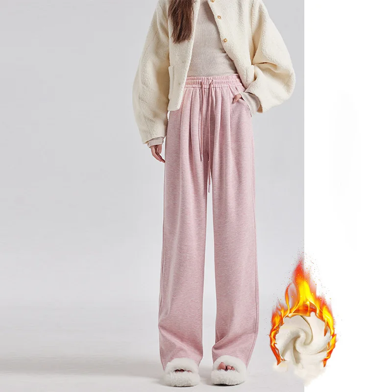 Pantalones de chándal holgados de lana y Cachemira para mujer, pantalones deportivos rectos de cintura alta elásticos cálidos informales para mujer, pantalones de de invierno 2024