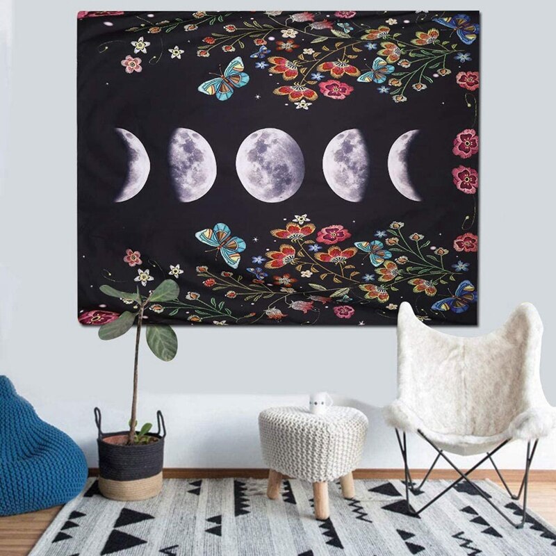 Moonlit Garden Tapestry Moon Phase Floral Tapestry... – Grandado