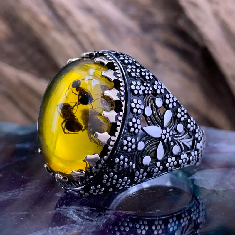 Vintage Grote Ovale Natuurlijke Agaat Ringen Heren Vintage Ingelegd Geel Amber Mier Ringen Voor Bruiloft Sieraden