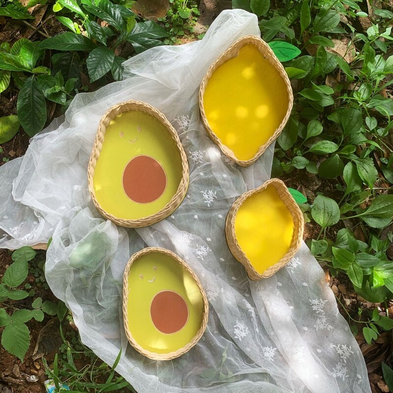 Hand Geweven Rotan Opslag Mand Avocado Citroen Patroon Plaat Lade Organizer Voor Fruit Brood Snacks Sleutels Portemonnee