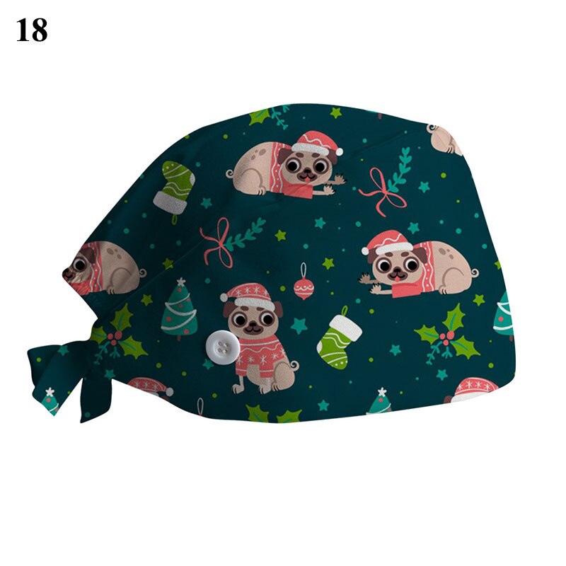 Kerstprint chirurgische muts voor dames heren verpleegstersmuts met knoop zweetabsorberende handdoek doktersmuts scrub muts gesp baotou muts: 18