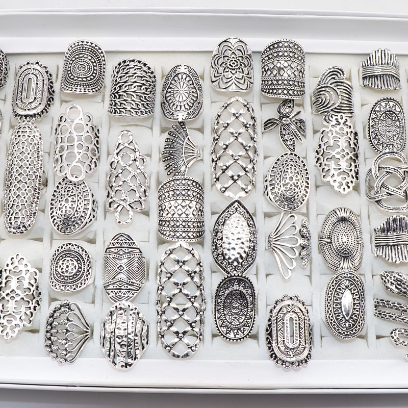 20 pcs/Lots mélange Style Vintage sculpté fleur argent plaqué bijoux anneaux pour les femmes taille 17mm à 21mm