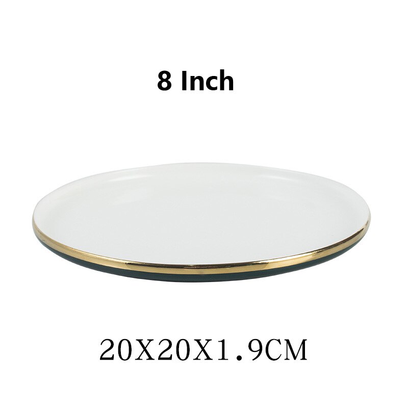 Nordic Stijl Groene Keramische Goud Inlay Diner Plaat Steak Food Lade Servies Rijke Soepkom Fruit Dessert Servies Set: 8Inch Shallow Plate