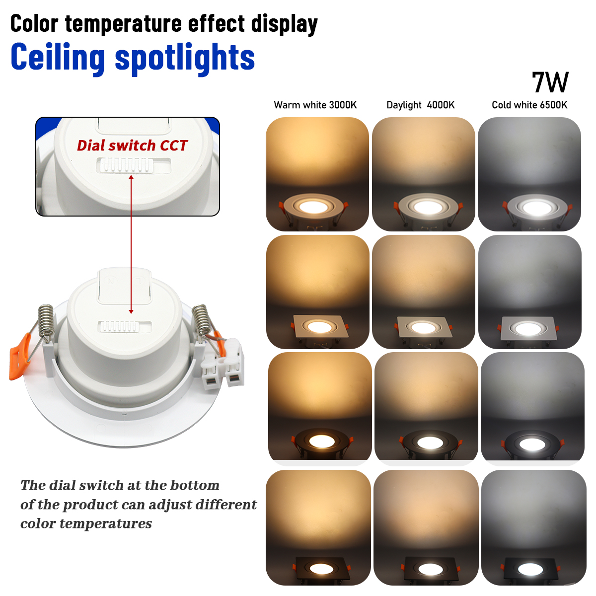 2 uds foco LED empotrable Dial Swich CCT luz de techo ajustada de 3 colores AC 120V 220V 3000K 4000K 6500K iluminación interior