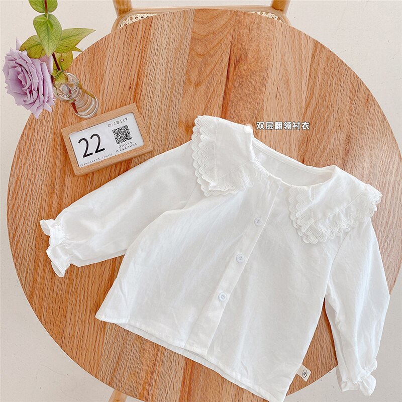 Lente Turn Down Kraag Lange Mouwen Baby Meisje Katoen Casual Tops Voor Kids Kleding: White / 6T