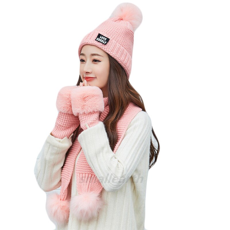 Vrouwen Hoeden Sjaal Handschoen Drie Stukken Sets Winter Gebreide Muts Sjaal Vrouwen Gorros Casual Lange Sjaal Chapeu Feminino bone