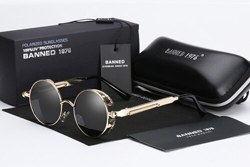 Retro rund metal hd polariserede punk steampunk solbriller til kvinder mænd,vintage solbriller oculos de sol feminino masculino: Guld sort