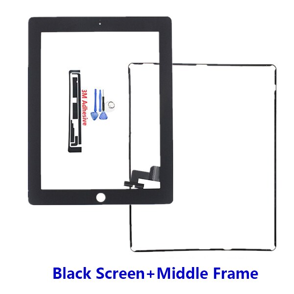 Tablet Touch Screen for iPad2 A1395 A1396 A1397 Digitizer Front Pane Replacement Touchscreen + Tempered Glass Middle Frame: Black and Frame