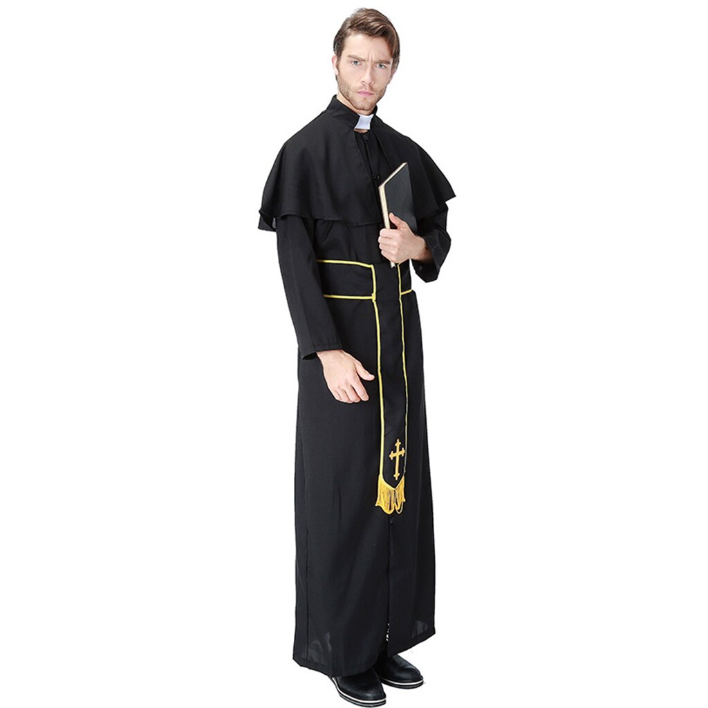 Prettyia Men Vicar Priest Halloween Dress up Church Costume Cross Robe Suit