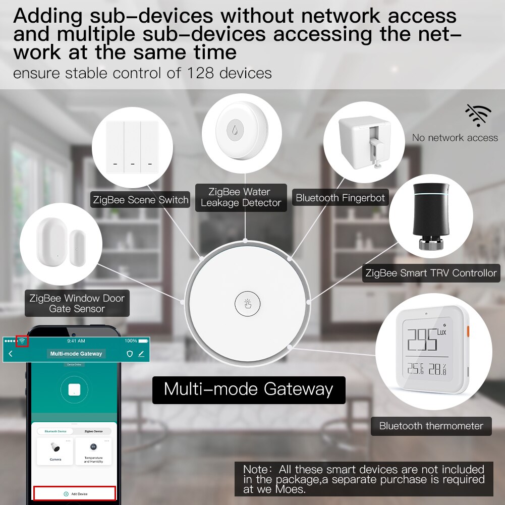 Das smarte multimode-gateway moes zigbee 3.0 wlan-bluetooth-mesh-hub ist kompatibel mit der tuya smart app und lässt sich per sprachsteuerung über alexa und google home bedienen.