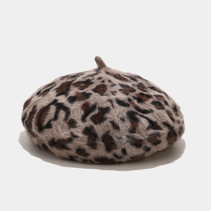 Boinas de leopardo con pelo de conejo peludo para mujer, sombreros de punto con estampado de animales, cálidos y acogedores, novedad, , invierno,: Gris
