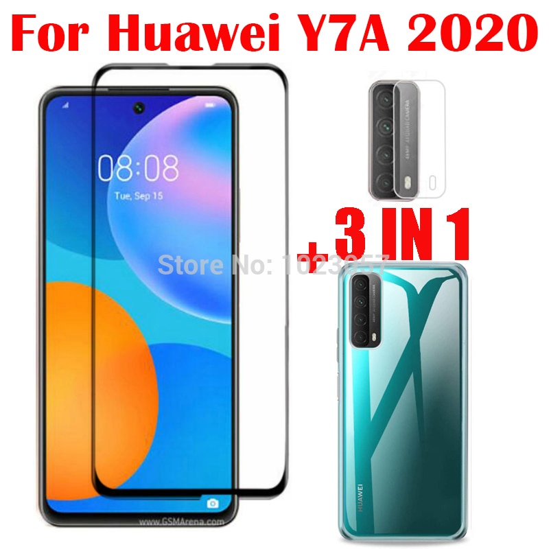 3-w-1 etui + kamera szkło hartowane dla Huawei Y7A Peppa-L22B ScreenProtector szkło na dla Huawei Y7A 2020 2.5D szkło