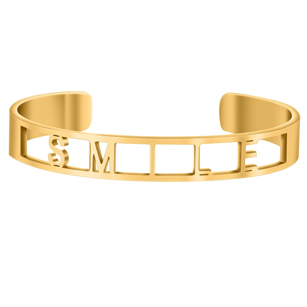 Cor do ouro oco para fora de aço inoxidável palavras inspiradoras positivas mantra mantra mantra pulseira pulseiras para homem presente feminino: SMILE