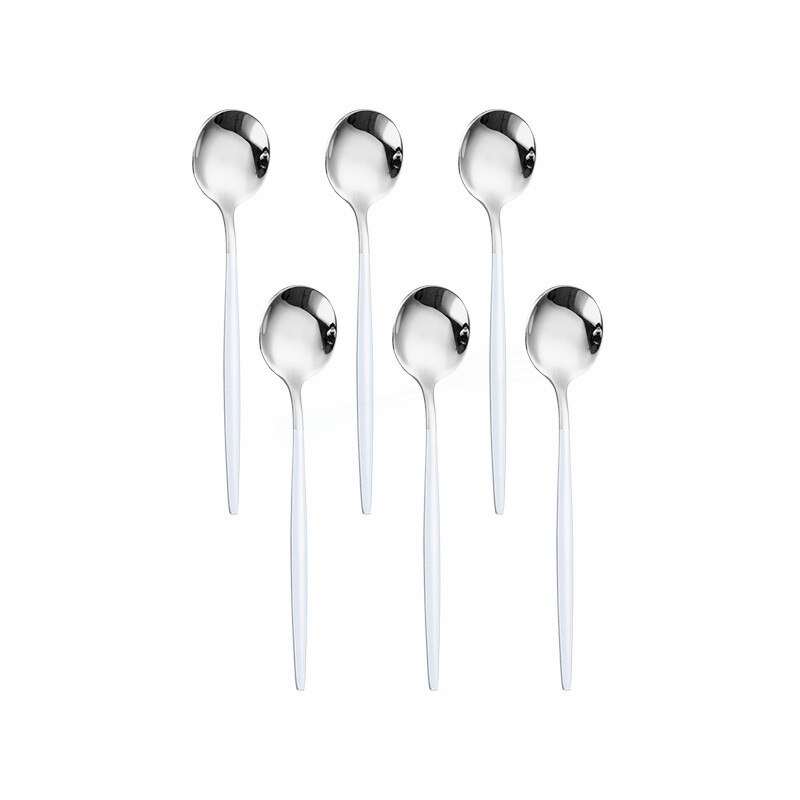 6Pcs Black Silver Cutlery Set Stainless Steel Tea Spoons Dinnerware Set Kitchen Flatware Silverware Tableware Set Eco Friendly: white silver 6pcs