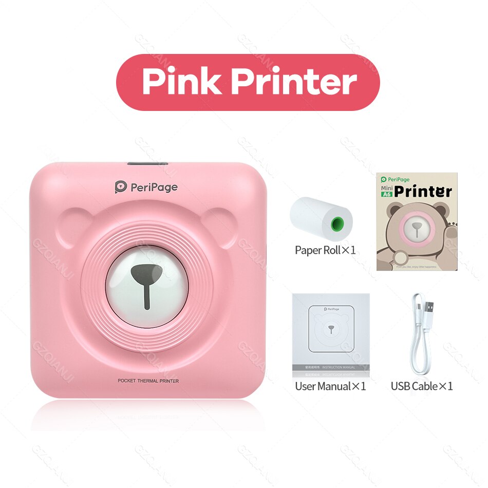 Peripage – Mini-imprimante Photo Portable sans fil A6, 58mm, avec étiquette autocollante et Notes,: Pink Printer