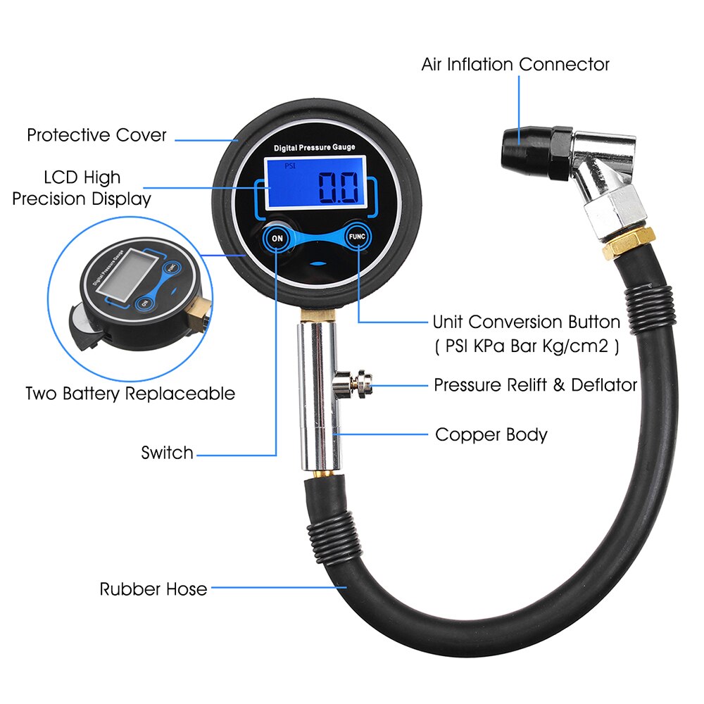 Proster Voor Digitale Bandenspanningsmeter Tire Inflator Gauge 200 Psi Met 5 Zwart Ventieldopjes Voertuig Tester Inflatie Monitoring