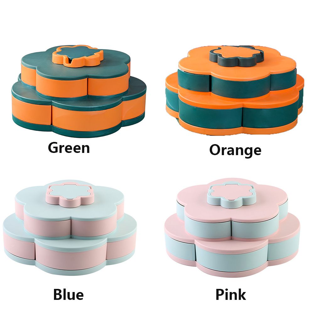 Boîte à bonbons rotative à pétales, plateau à fruits en forme de fleur à double couche contenant plateau à fruits secs en plastique multifonctionnel