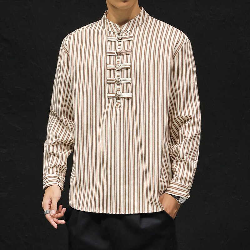 Chinese stijl overhemd met lange mouwen, gestreept overhemd, herenkleding, losse harajuku tops, retro hanfu kleding voor mannen