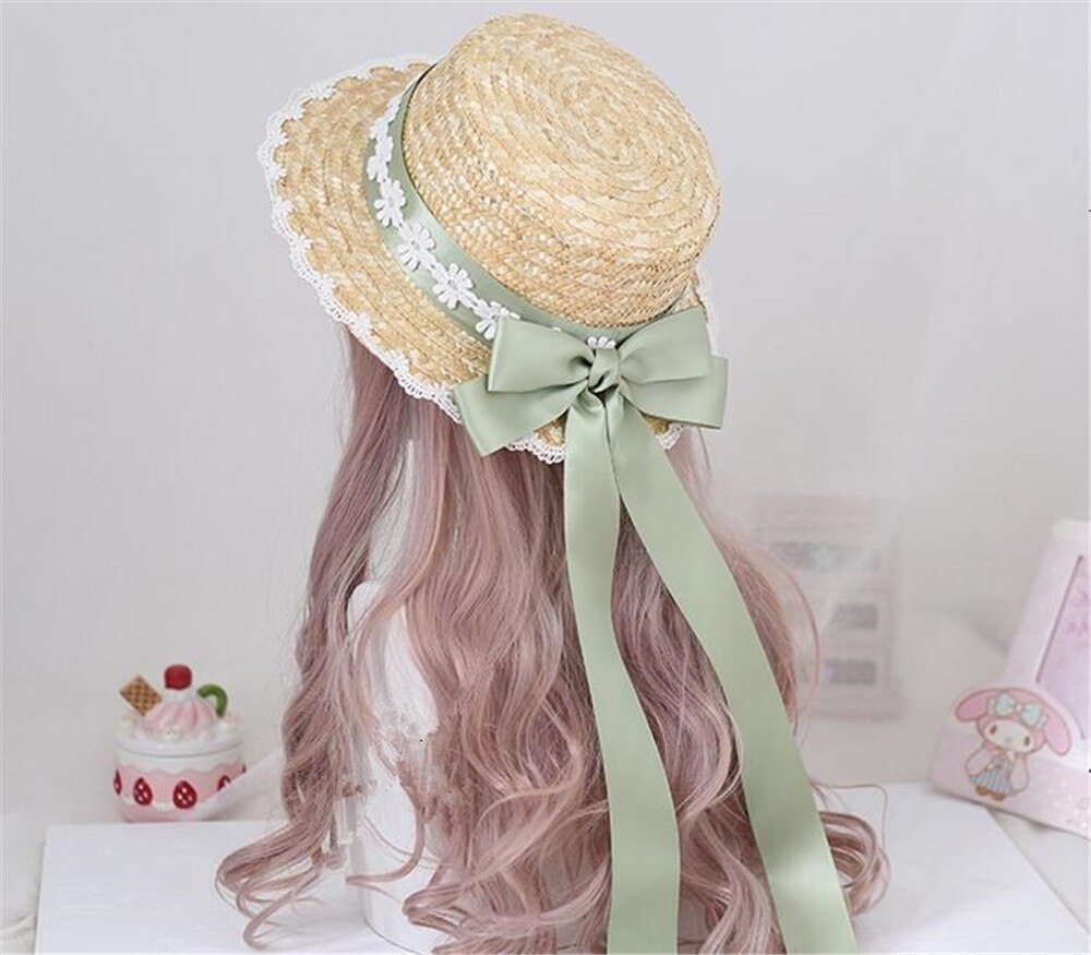 Mori Girl Cute Big Bow Lace Ribbon Lolita Straw Hat Sweet Princess Lolita Flat Cap Beach Cap B1527