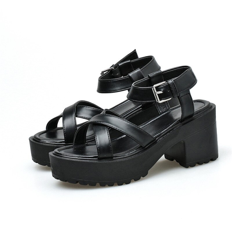 Ymechic zwarte gladiator sandalen met plateauzool voor dames met enkelbandje, casual gothic damesschoenen in romeinse stijl, zomerse korting op hakken