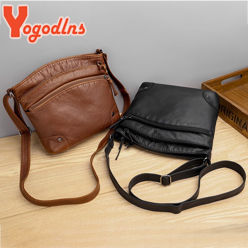 Yogodlns Zachte Pu Lederen Schoudertas Vrouwen Retro Messenger Bag Dubbele Rits Vrouwelijke Crossbody Tas Grote Capaciteit Dagelijks Handtas