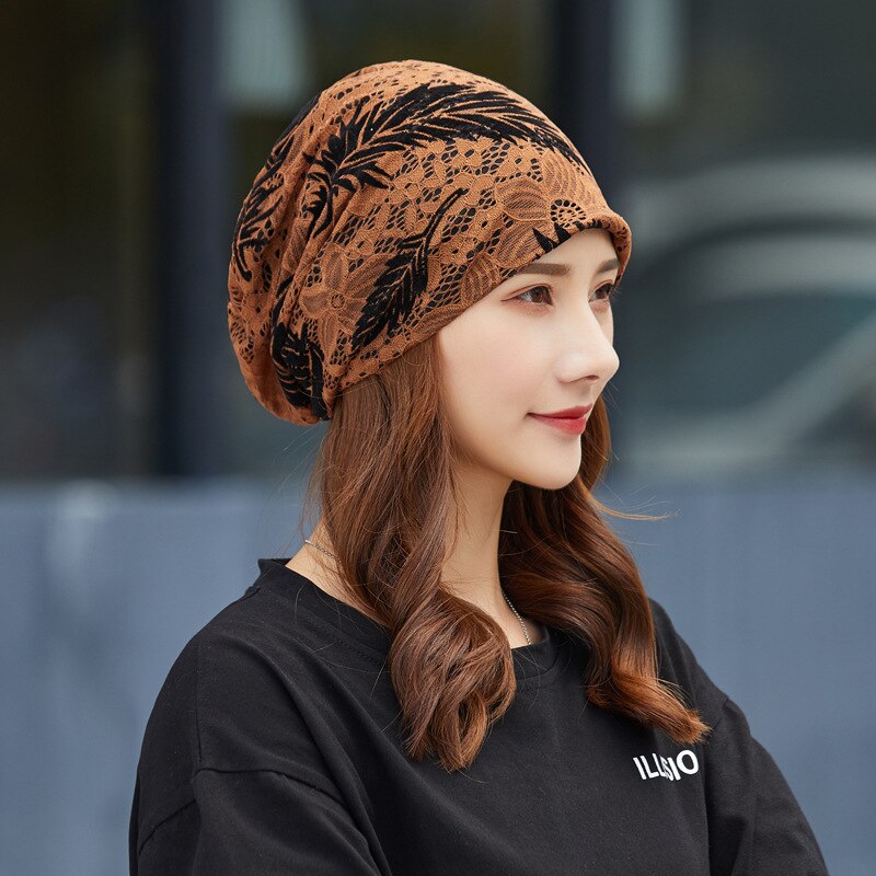 Etnisk stil kvinder strikket hat hættehætte bomuld koreansk stil enkel blonder blomster skullies beanies: Khaki